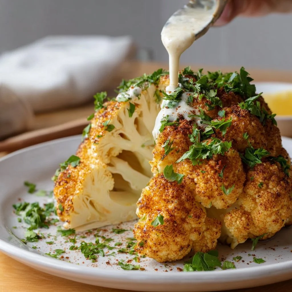 Whole roasted cauliflower dish with herbs and spices