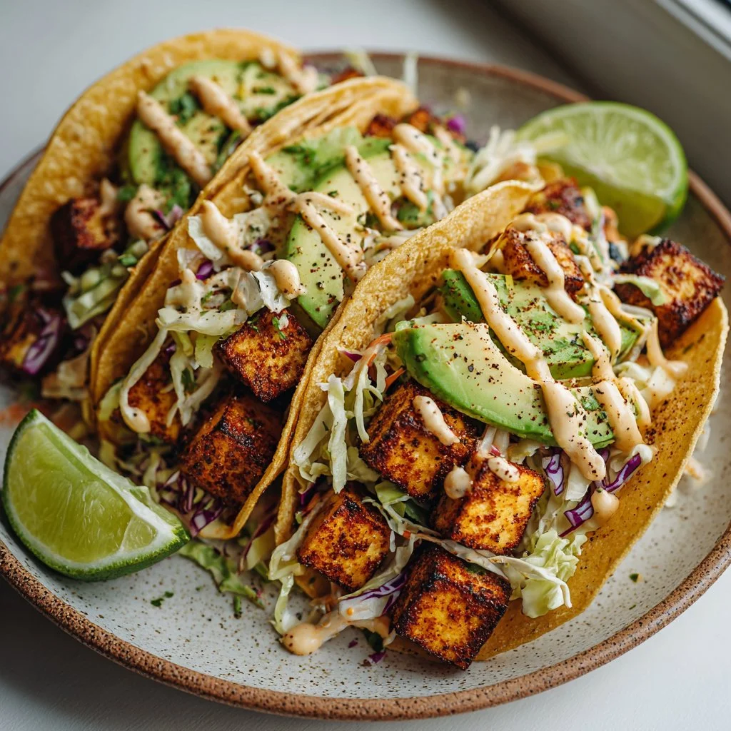 Baja Tofu Tacos served with fresh toppings in a colorful dish