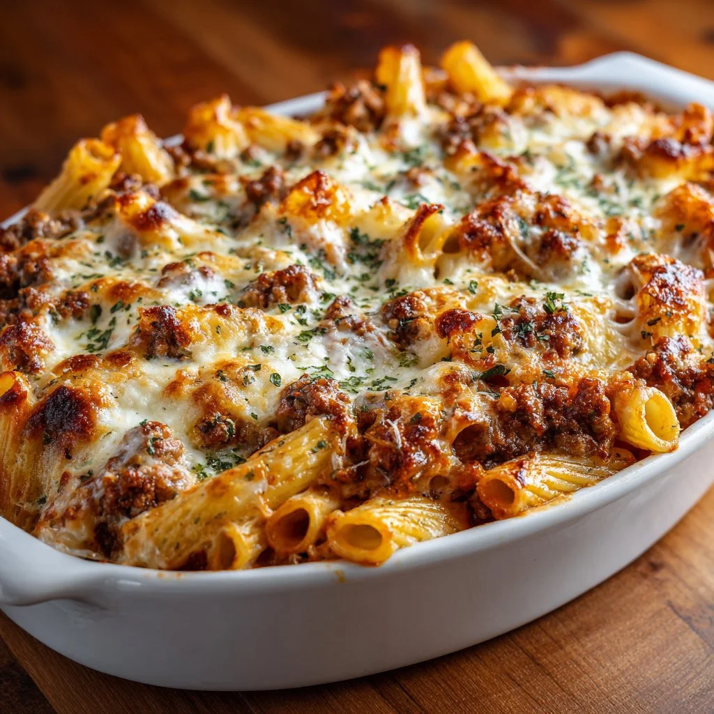 Delicious serving of homemade Baked Ziti with cheese and marinara sauce