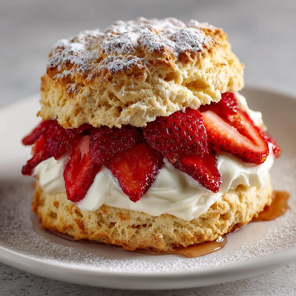 Delicious strawberry shortcake topped with fresh strawberries and whipped cream