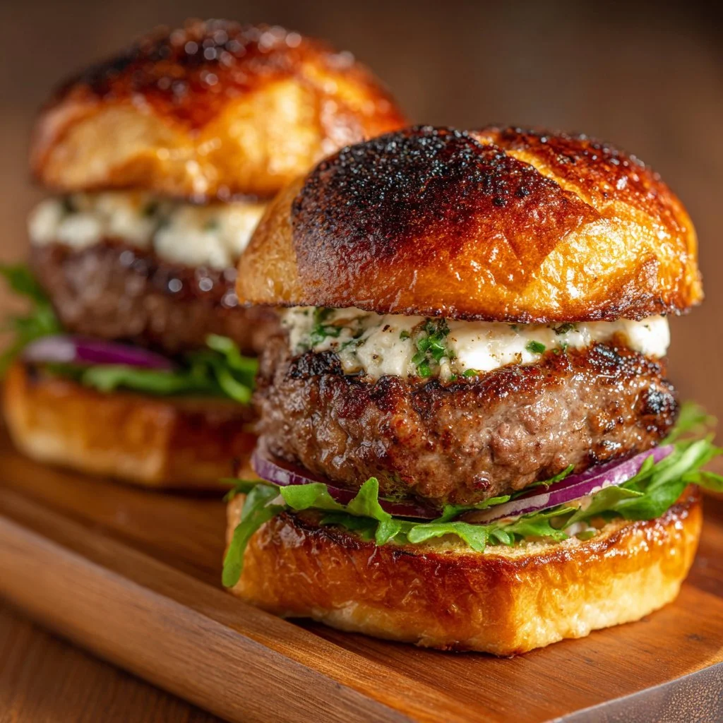 Black garlic and brie-stuffed brioche burger served with garnishes
