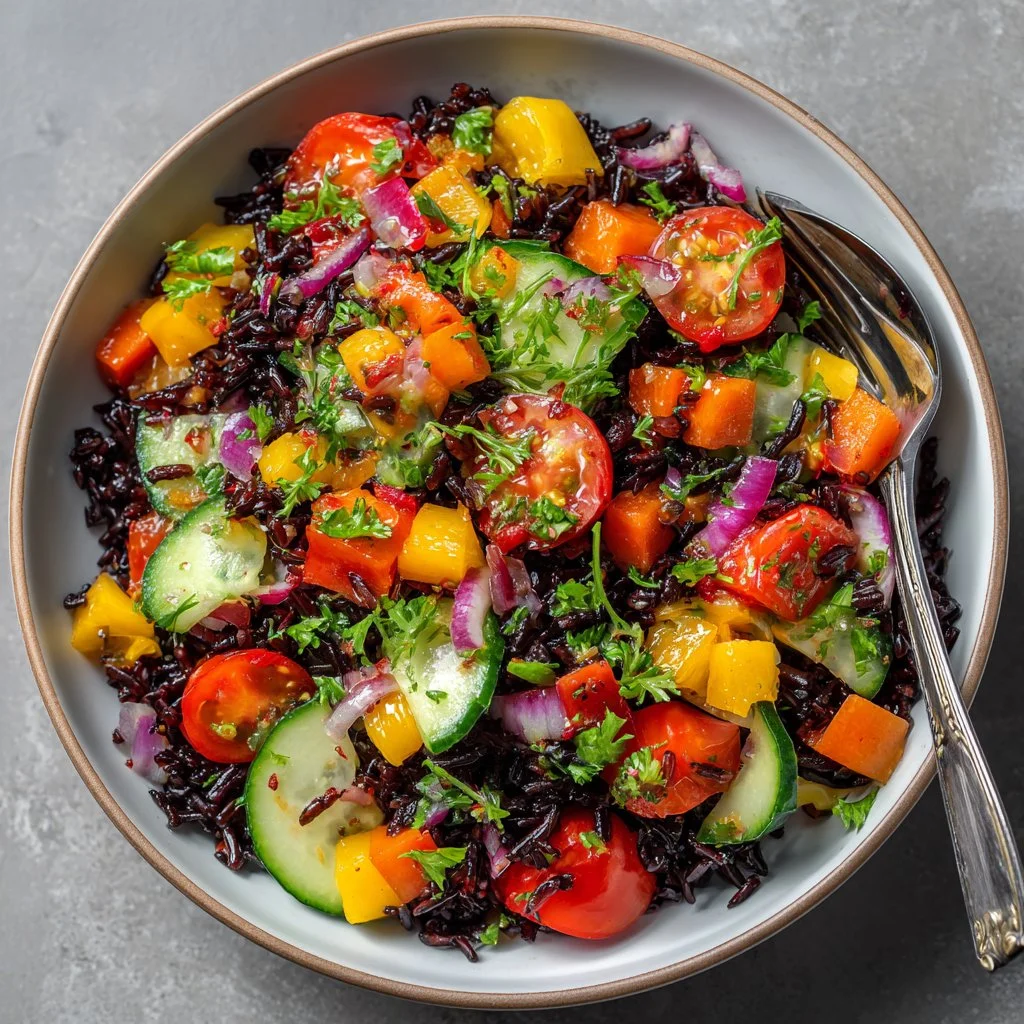 A colorful Black Rice Rainbow Salad with vegetables and dressing