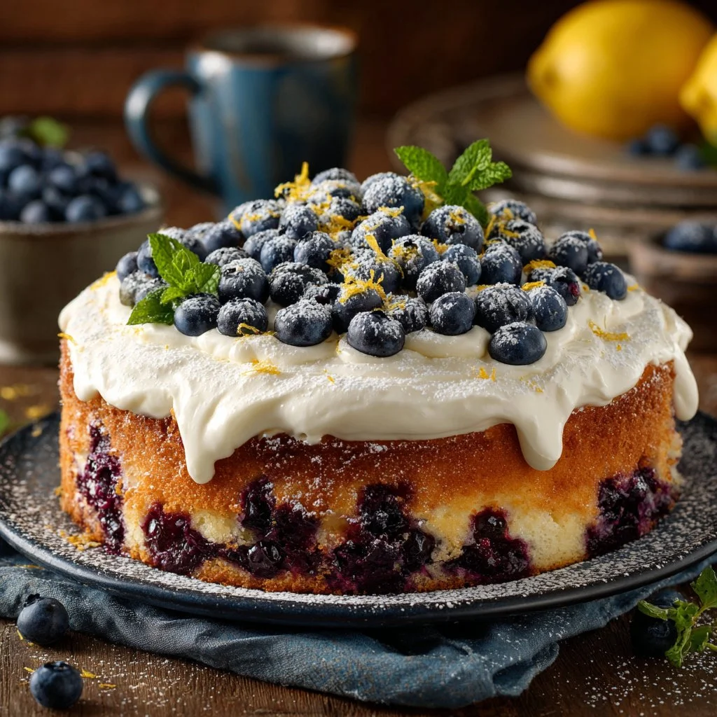 A delectable slice of Blueberry Cream Cake topped with fresh blueberries and whipped cream