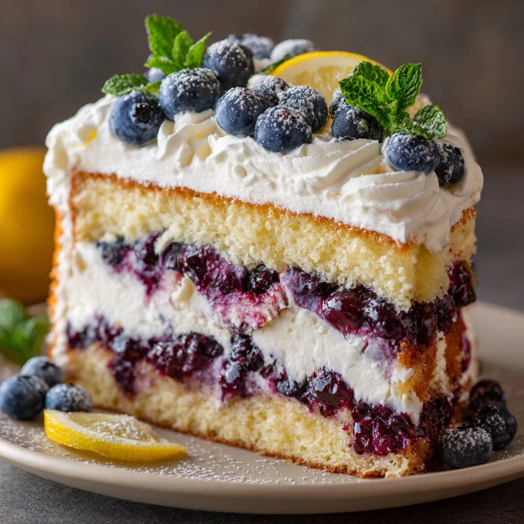 Delicious blueberry cream cake topped with fresh blueberries and cream