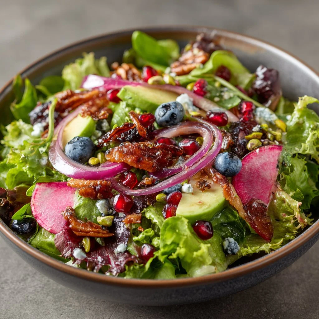 Delicious Blueberry Pistachio Spring Salad with fresh greens and colorful toppings