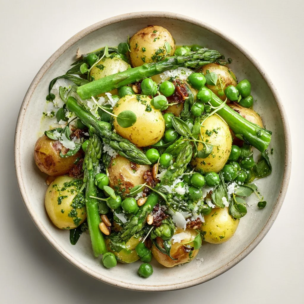A colorful British Spring Salad featuring seasonal greens and fresh vegetables.