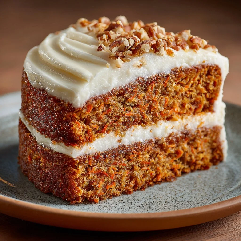 Delicious homemade carrot cake topped with cream cheese frosting
