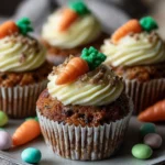Delicious Carrot Patch Cupcakes decorated with green frosting and candy carrots