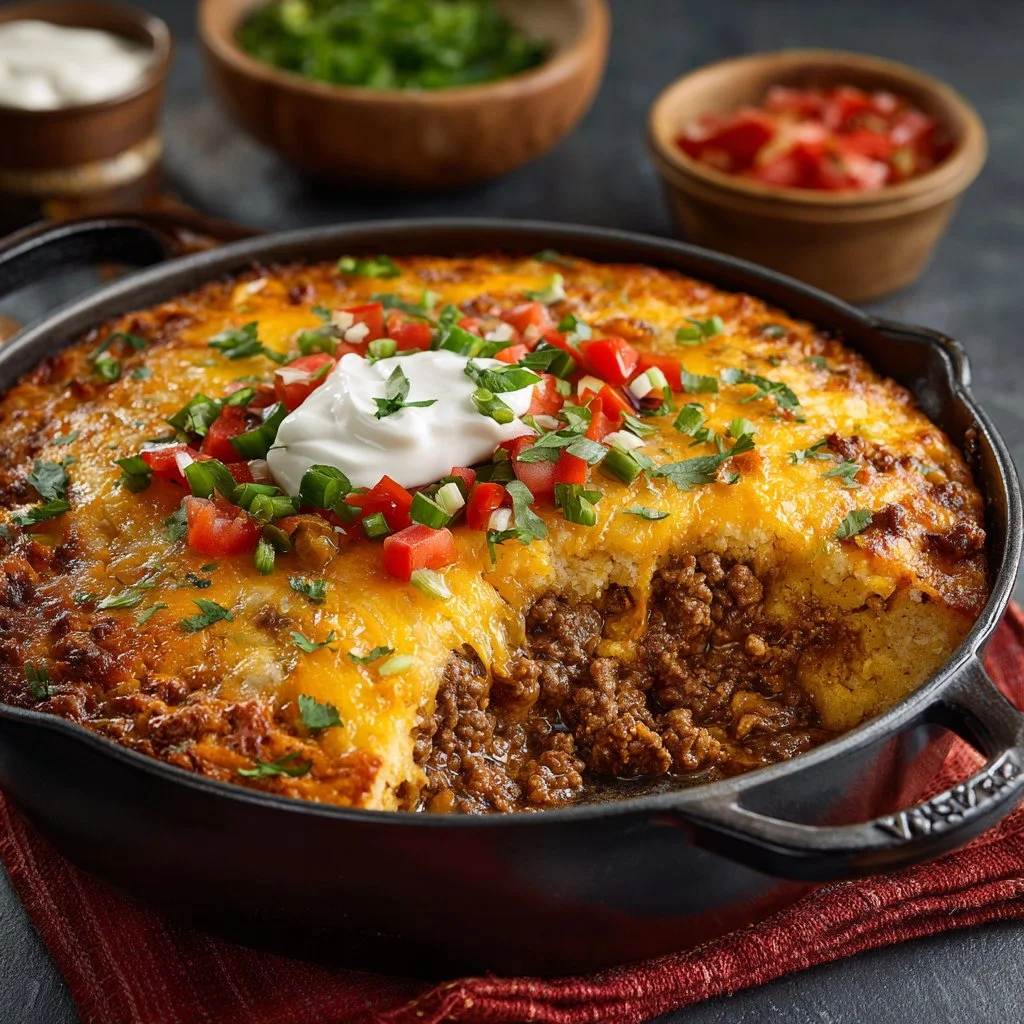 Delicious Cattle Drive Casserole with beef, veggies, and cheese served in a rustic dish