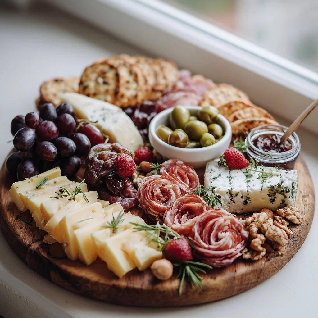 A beautifully arranged charcuterie board with meats, cheeses, and fruits.