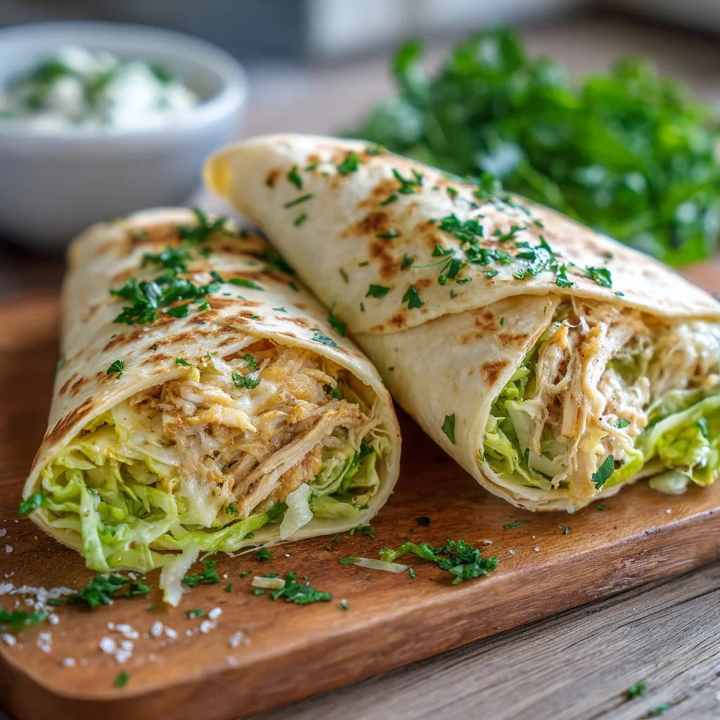 Delicious cheesy garlic chicken wraps served on a plate