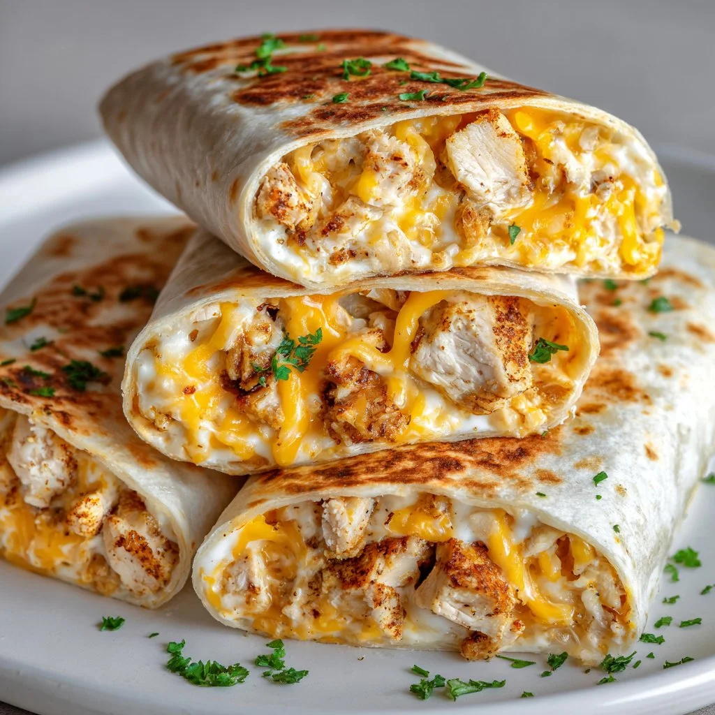 Cheesy Garlic Chicken Wraps ready to serve on a plate with fresh ingredients