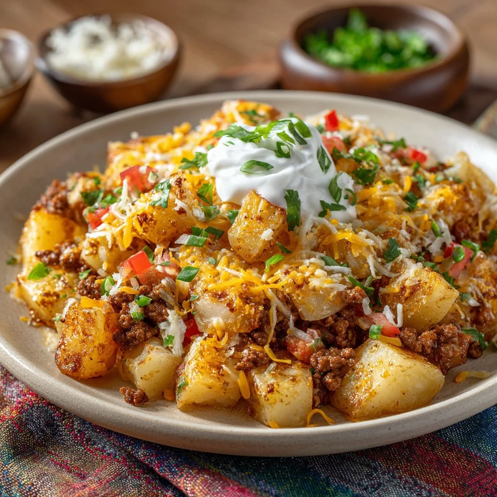 Cheesy taco potatoes topped with melted cheese and garnished with fresh herbs.