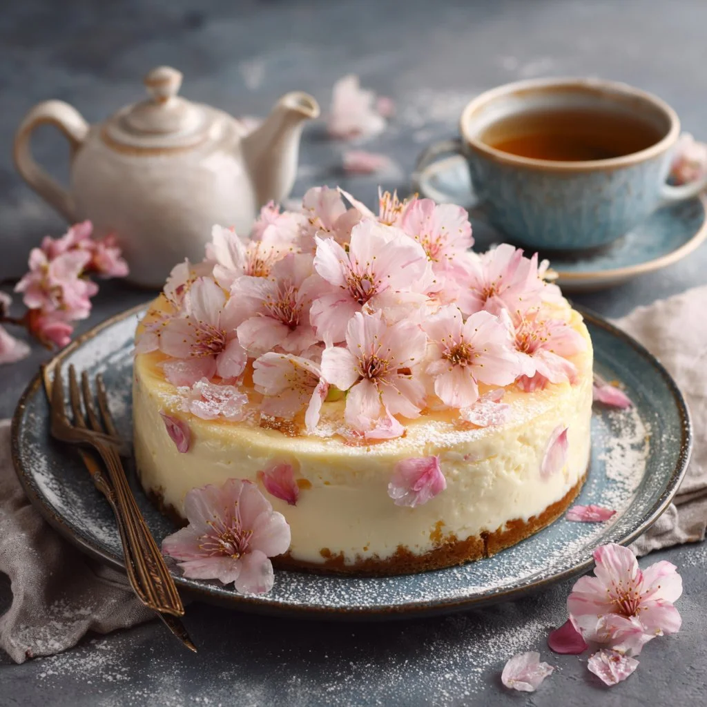 Slice of Cherry Blossom Japanese Sakura Cheesecake on a plate with cherry blossoms