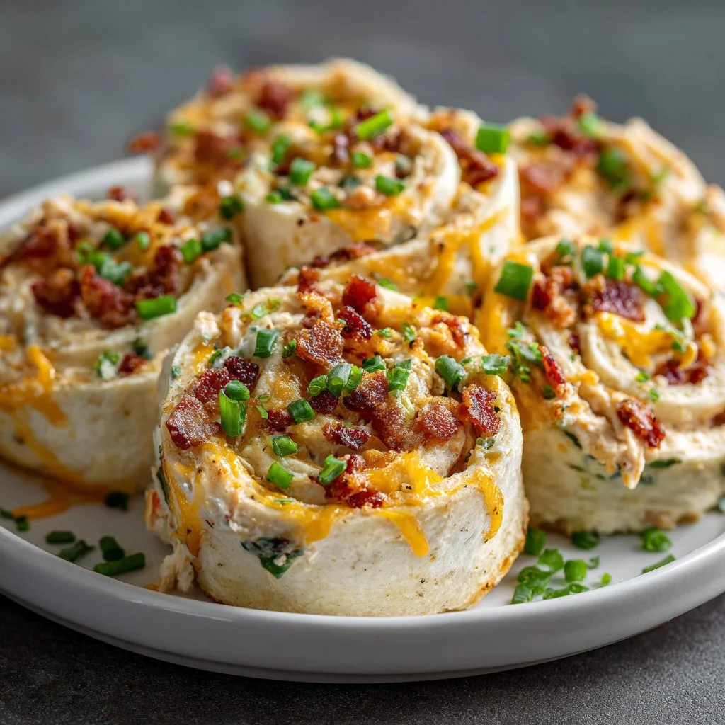 Delicious Chicken Bacon Ranch Pinwheels appetizer recipe served on a platter.