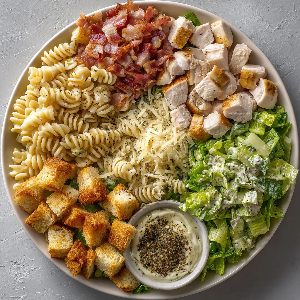 Delicious Chicken Caesar Pasta Salad with chicken, pasta, and Caesar dressing.