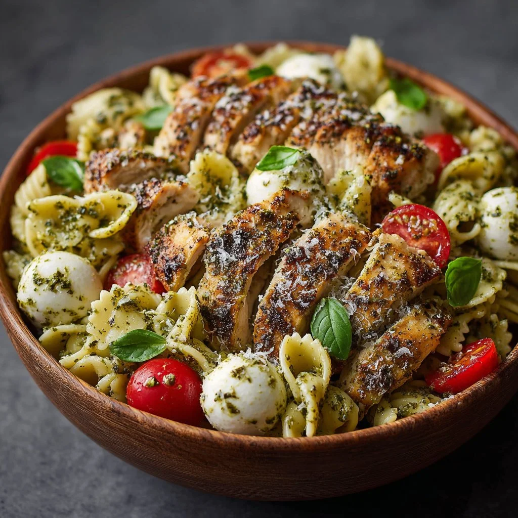 Delicious Chicken Pesto Pasta Salad with fresh ingredients and vibrant colors.