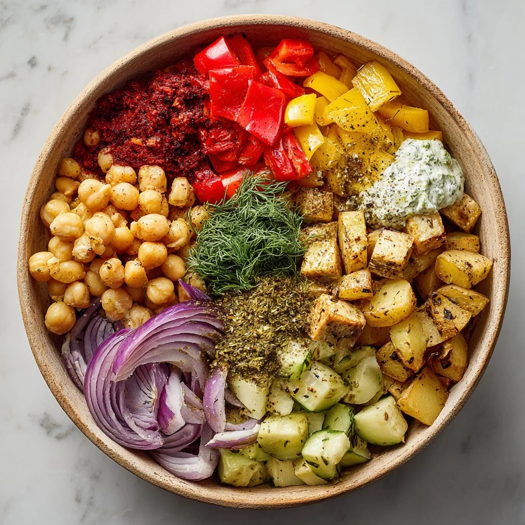 Colorful platter of classic Mediterranean roasted vegetables, including peppers and zucchini.