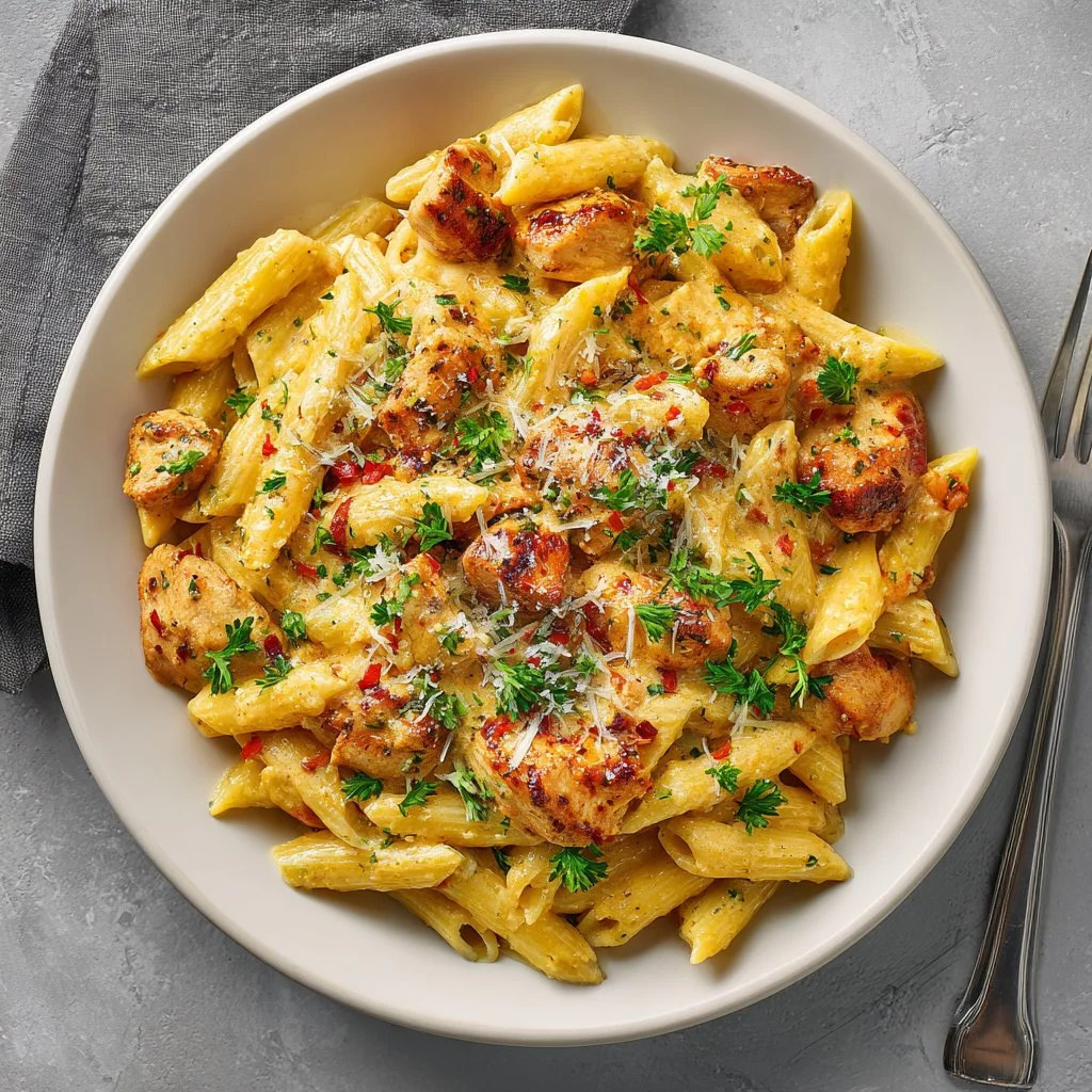 Delicious Cowboy Butter Chicken Pasta topped with fresh herbs and spices.