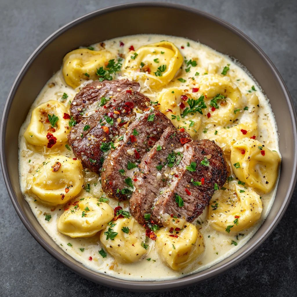 Cracked Garlic Steak Tortellini in Creamhouse Sauce served on a plate