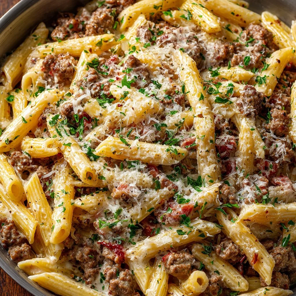Delicious creamy beef pasta served in a bowl with fresh herbs