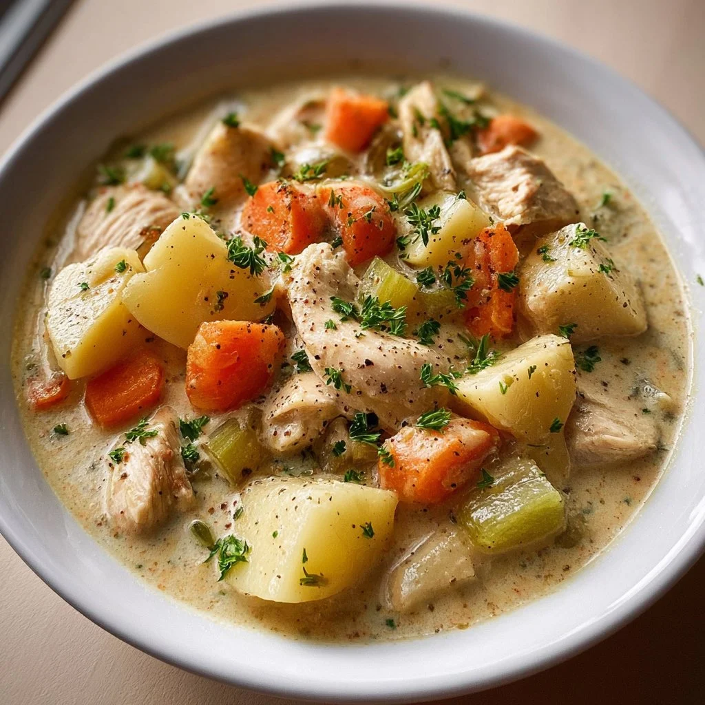 Creamy chicken stew in a bowl with vegetables and herbs