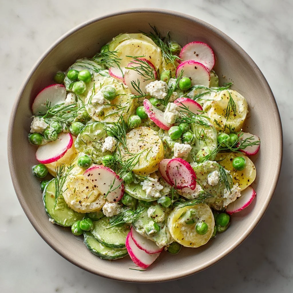 Creamy cucumber pea salad with fresh ingredients in a bowl
