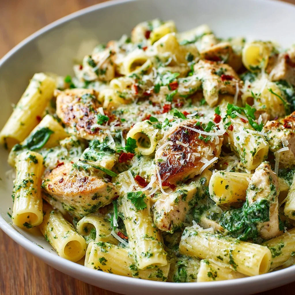 Creamy pesto chicken pasta dish garnished with fresh basil and parmesan cheese