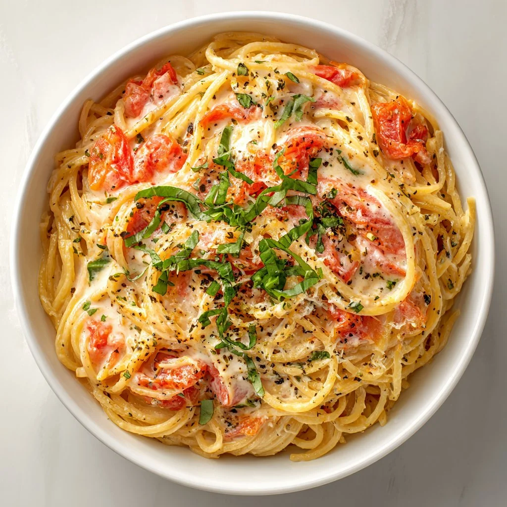 Creamy tomato garlic pasta served in a bowl with basil garnish.