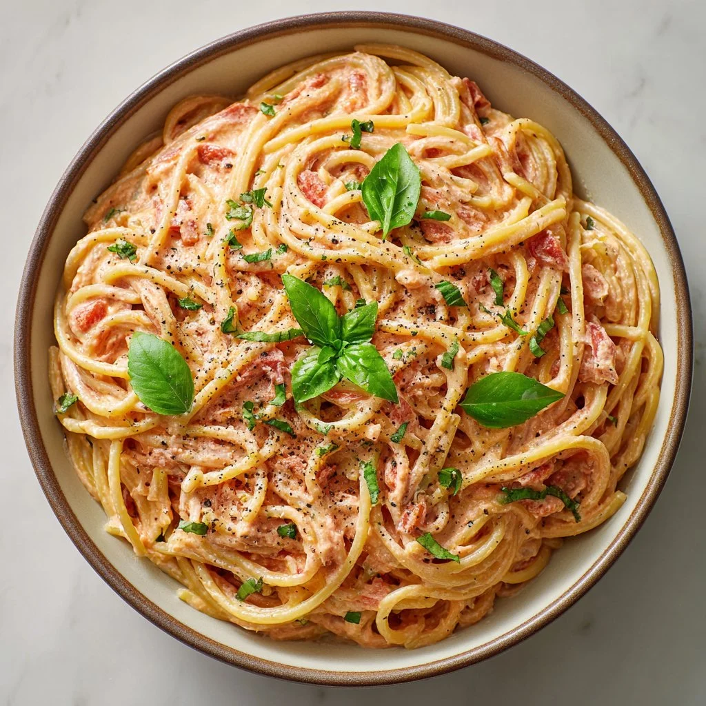 Bowl of creamy vegan pink pasta with fresh basil and tomatoes