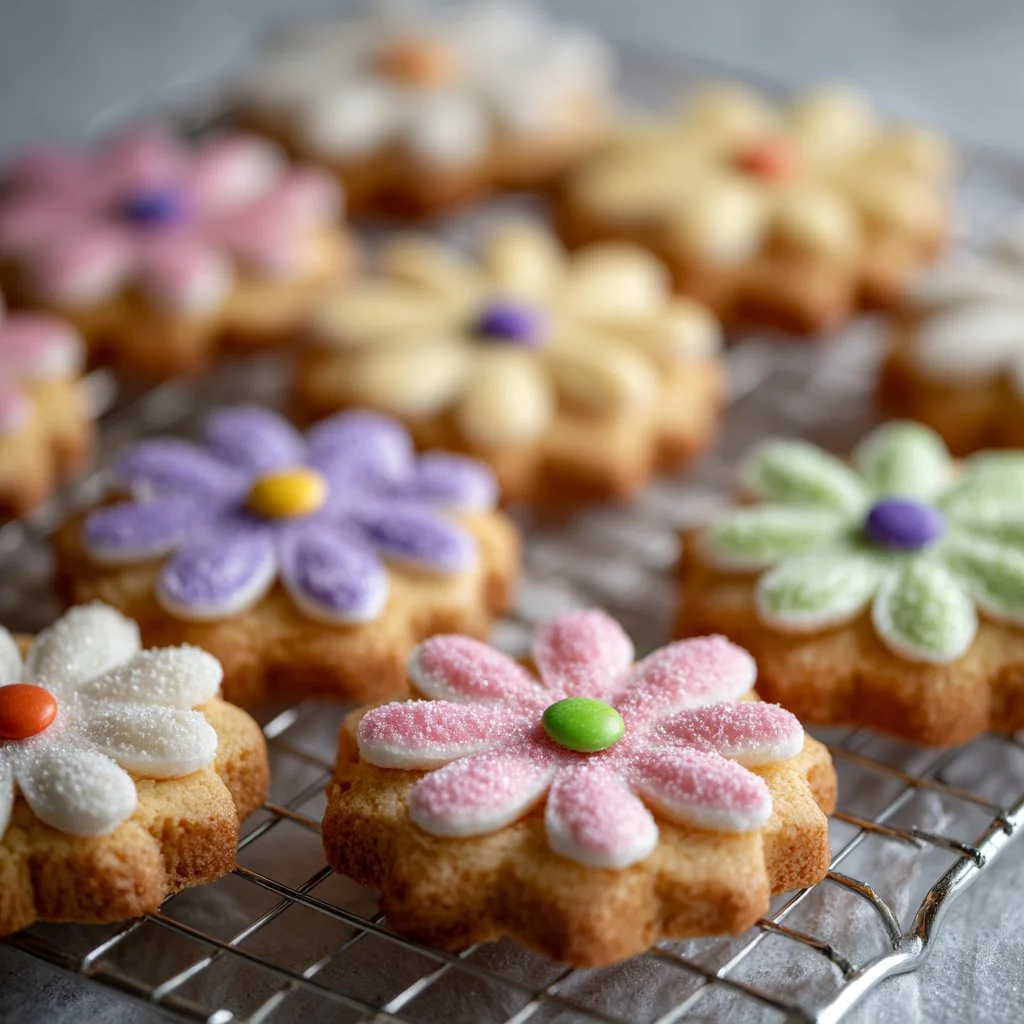 A plate of decorated Daisy Cookies with colorful icing and sprinkles