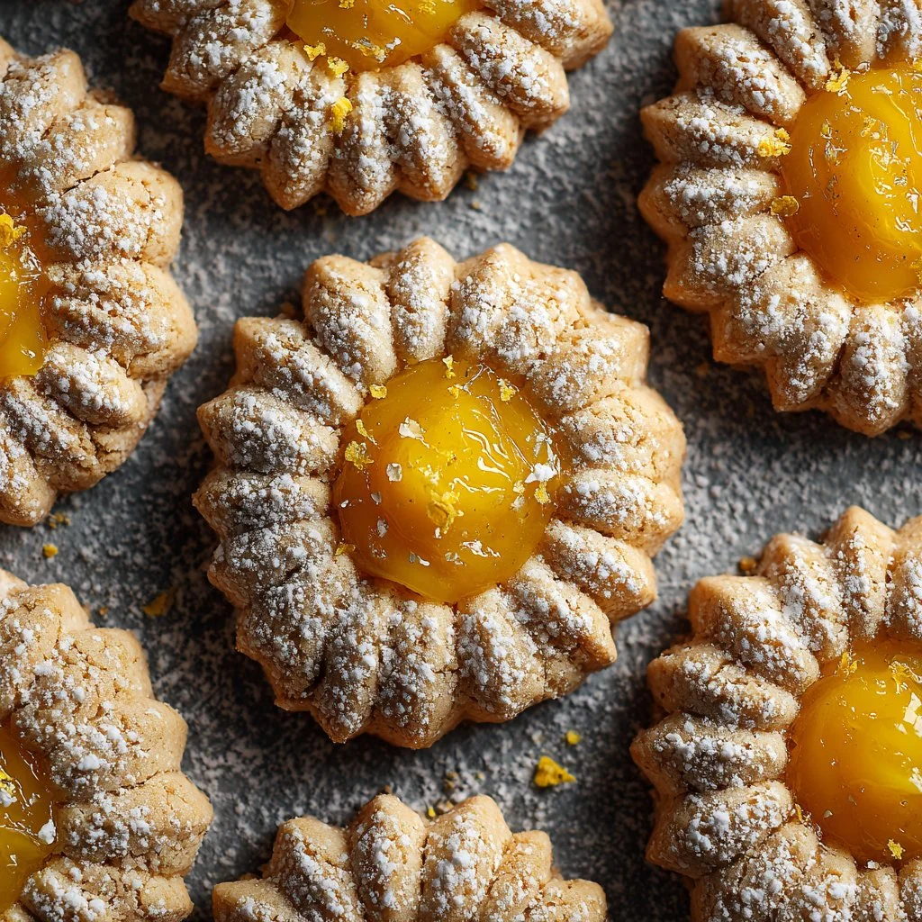 Daisy Cookies filled with lemon curd on a white plate