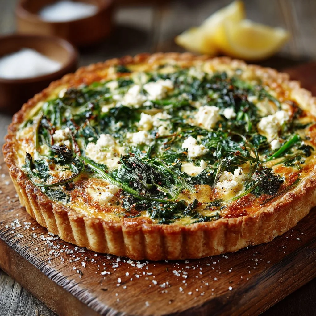 Dandelion Greens and Feta Tart garnished with fresh herbs