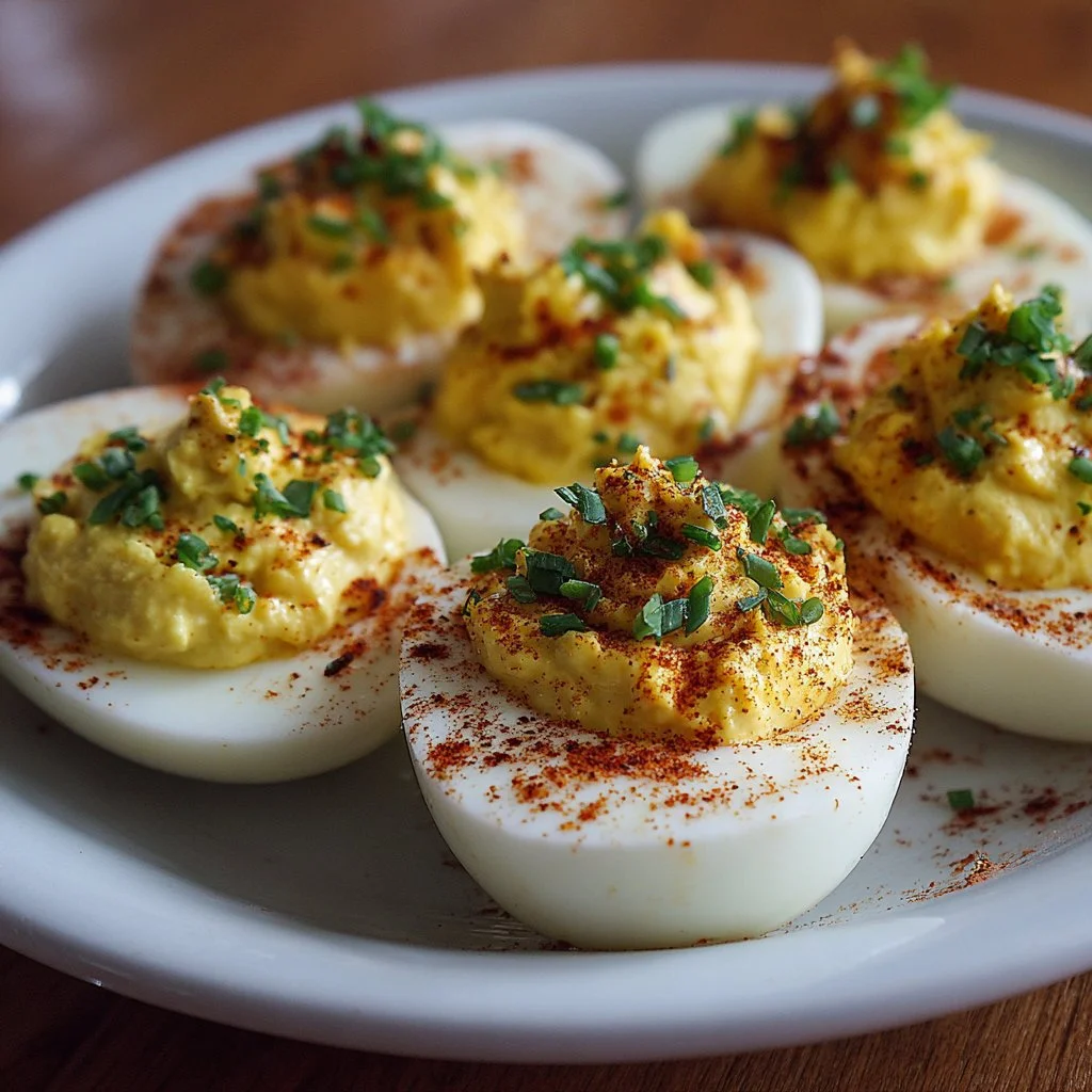 A plate of delicious deviled eggs garnished with paprika and herbs