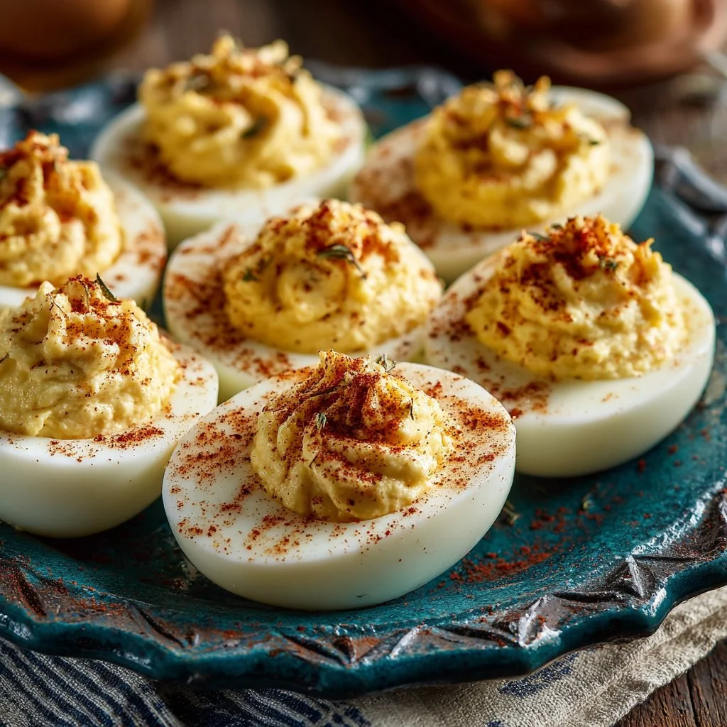 Plate of beautifully garnished deviled eggs ready for serving.