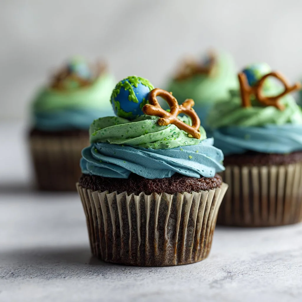 Eco-friendly Earth Day cupcakes decorated with green and blue frosting