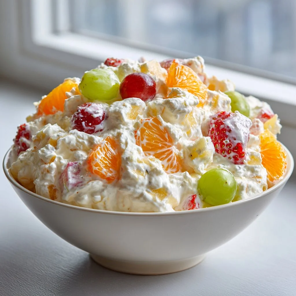 Colorful Easter Fluff Salad with marshmallows, fruit, and whipped topping