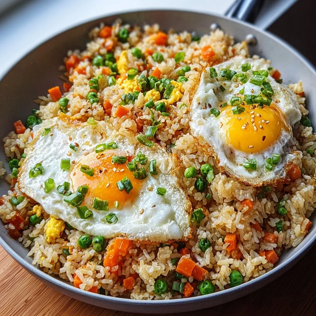 A vibrant plate of egg fried rice with vegetables in a bowl.