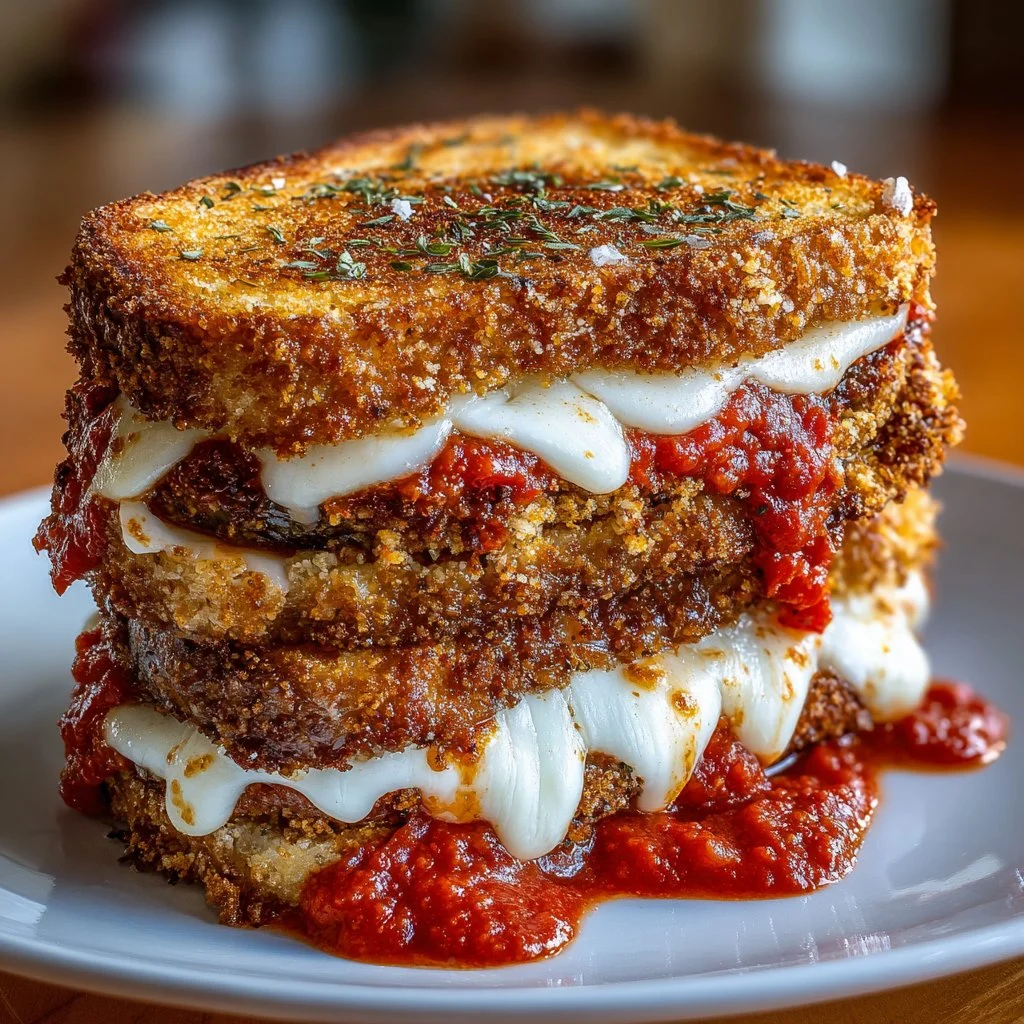 Delicious Eggplant Parm Sandwich with crispy eggplant and melted cheese