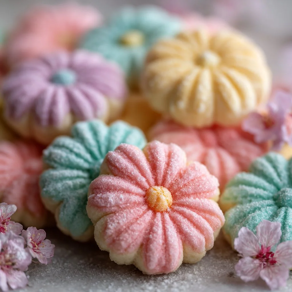 Beautifully decorated flower cookies in various colors and designs.