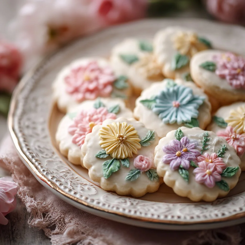 Flower cookies: Soft vanilla sugar cookies with colorful floral designs.