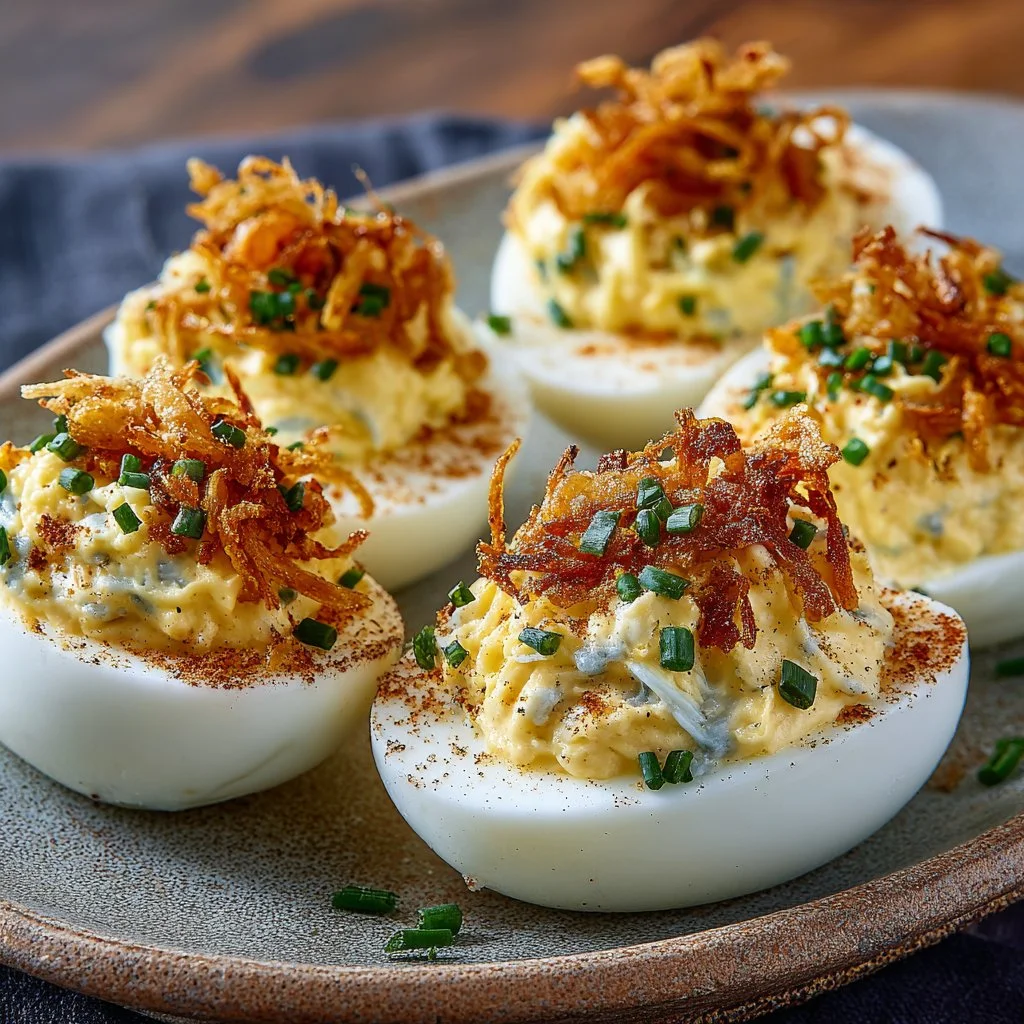 Plate of French onion deviled eggs topped with caramelized onions and herbs