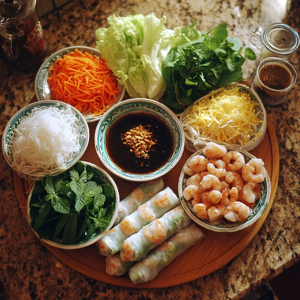 A plate of fresh Vietnamese Spring Rolls with herbs and dipping sauce