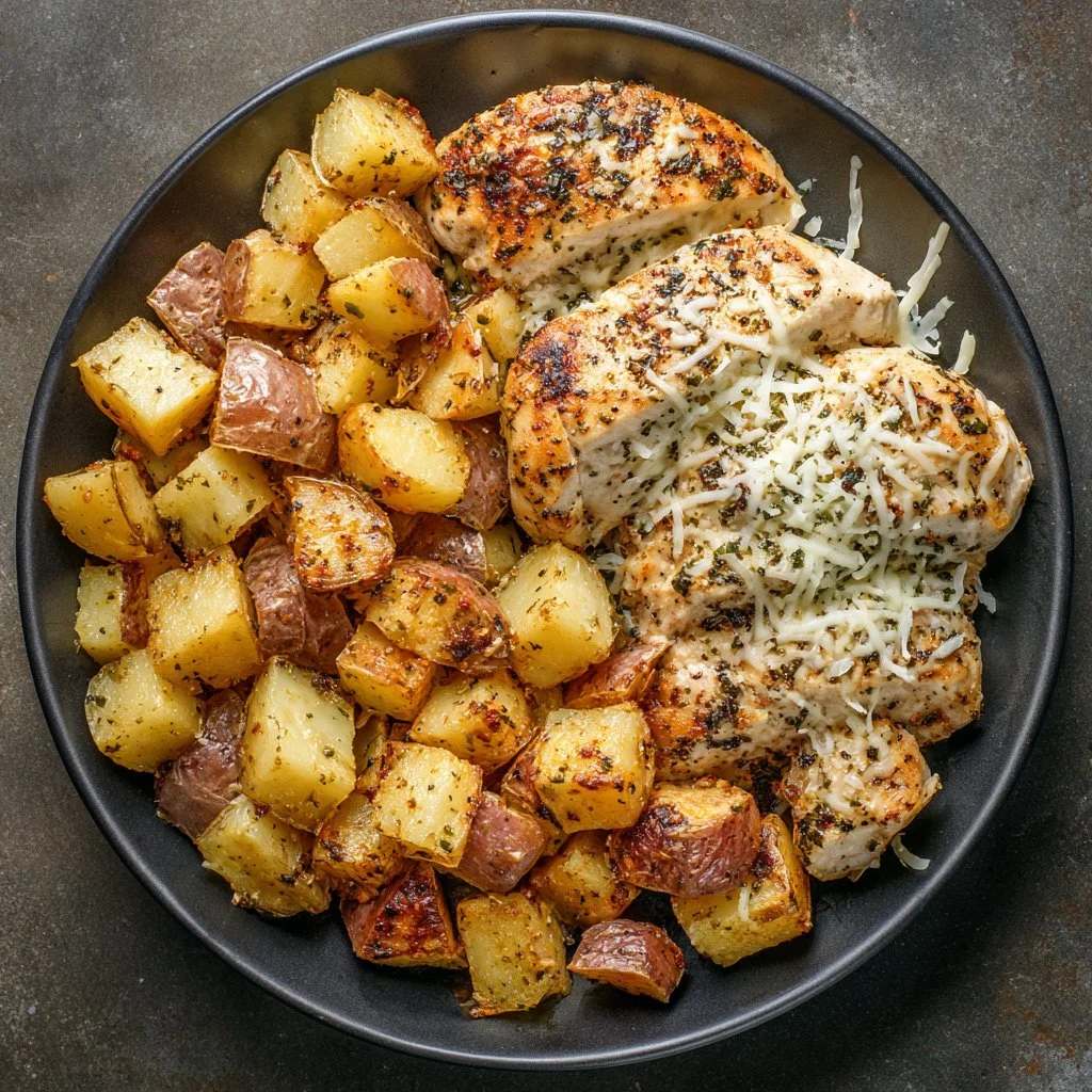 Garlic Parmesan Chicken and Potatoes Skillet dish garnished with herbs