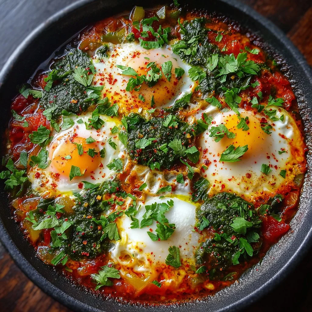 Delicious Green Shakshuka served in a cast-iron skillet with poached eggs and greens.