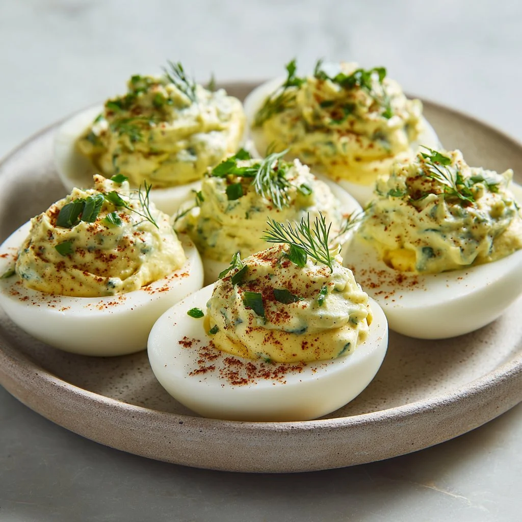 Herb-infused deviled eggs with dill relish, an impressive appetizer.