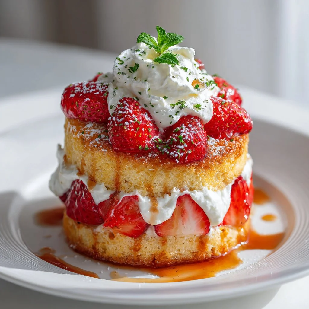 Delicious slice of Japanese strawberry shortcake topped with fresh strawberries.