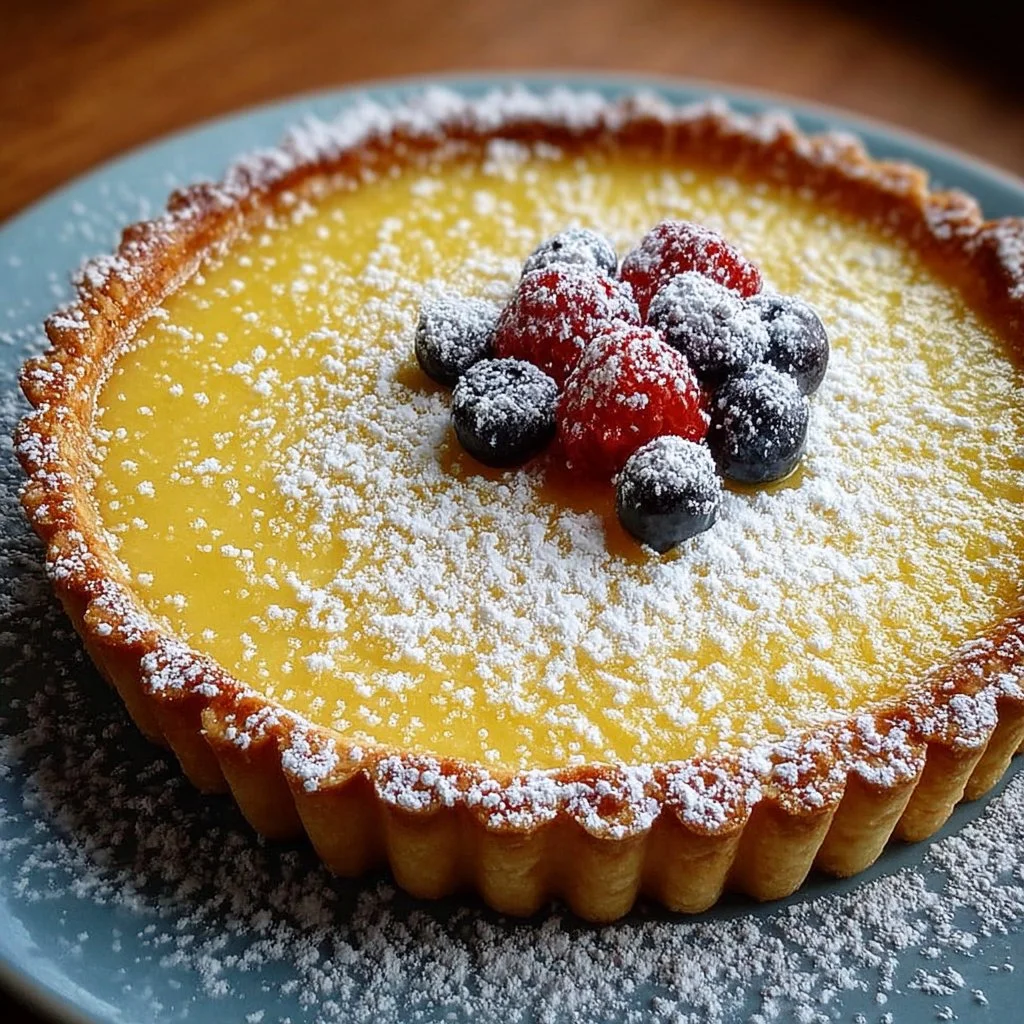 Delicious lemon curd tart topped with fresh fruit and whipped cream