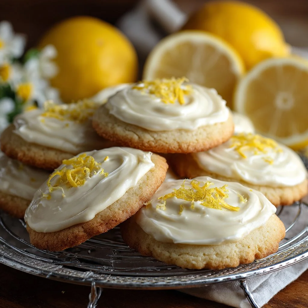 Delicious lemon frosted cookies on a plate, topped with fresh lemon zest.