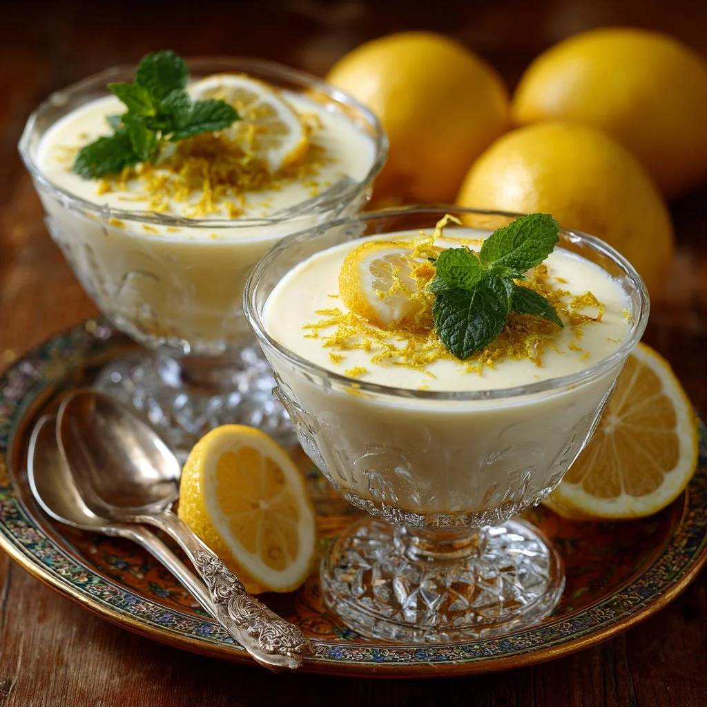 Delicious lemon posset served in a glass dish garnished with lemon zest.